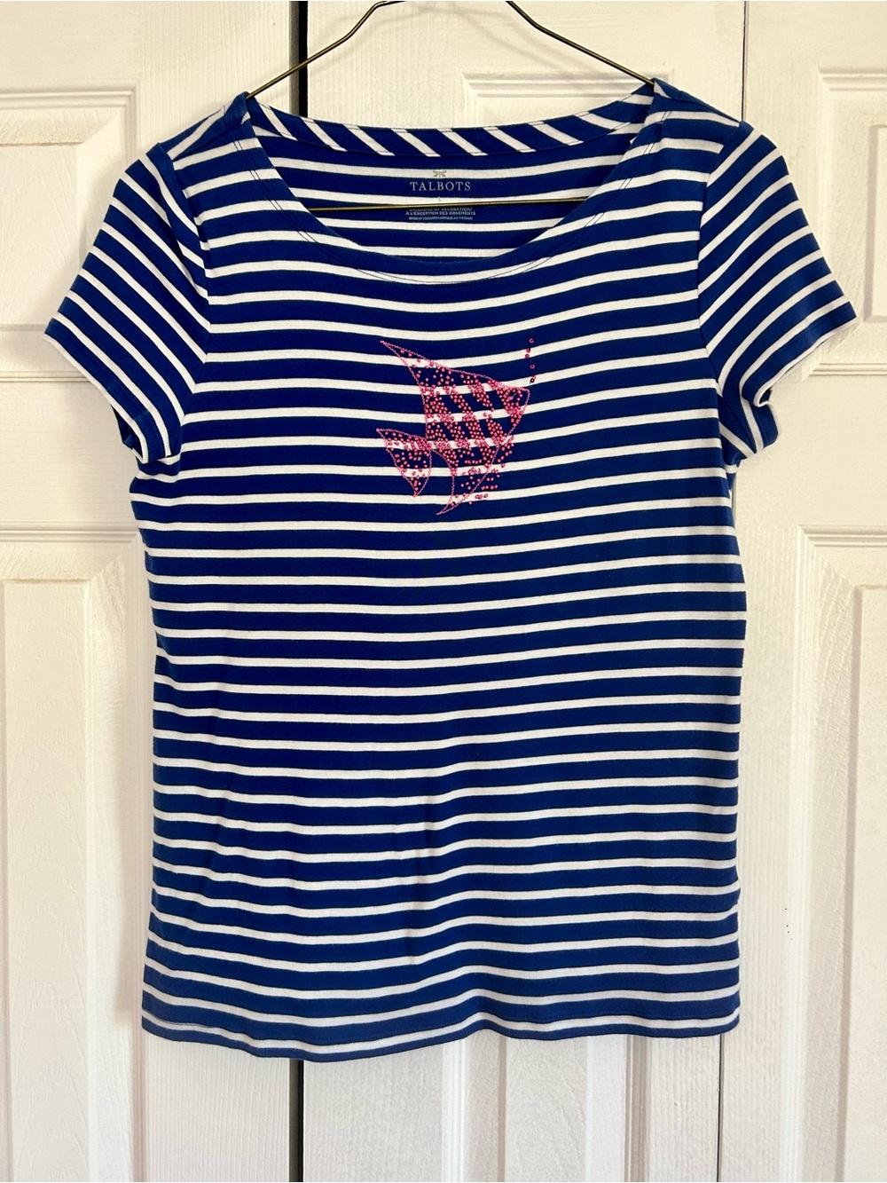 Talbots Blue and White Striped Short-Sleeve Tee with Pink Beaded Fish Graphic